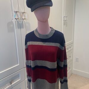 CASHMERE maroon, navy and Gray Crew Neck Striped Sweater